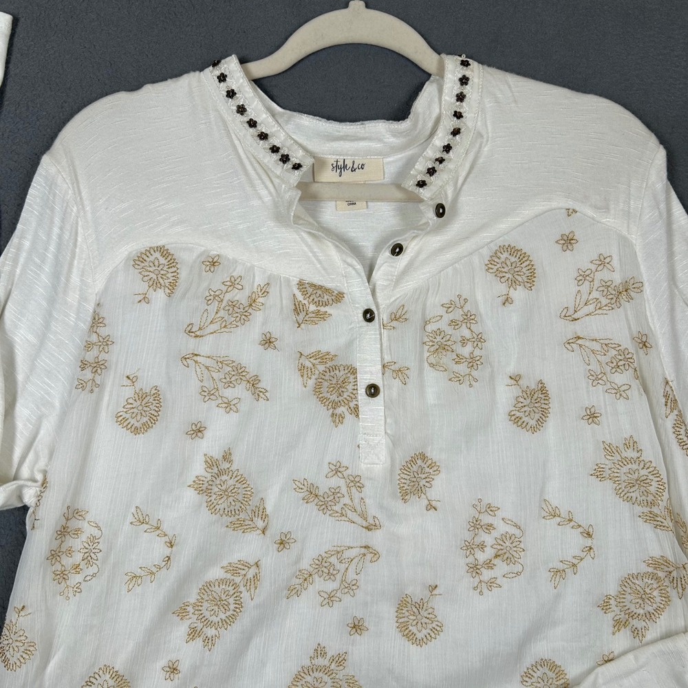 Style & Co Blouse Womens L White Gold Floral Embroidered Henley Bell Sleeve Top - Picture 3 of 7